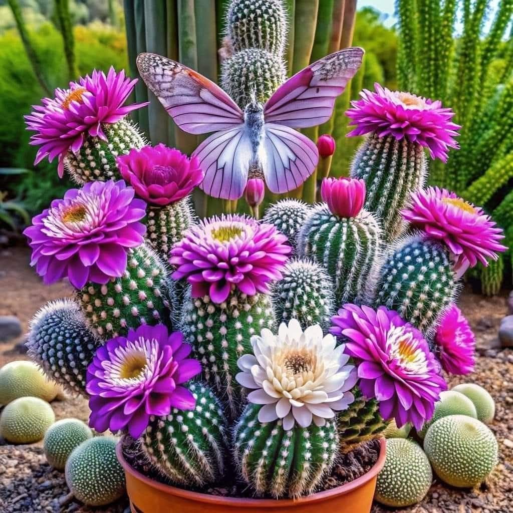Purple and white flowering cacti with butterfly decoration in terracotta pot