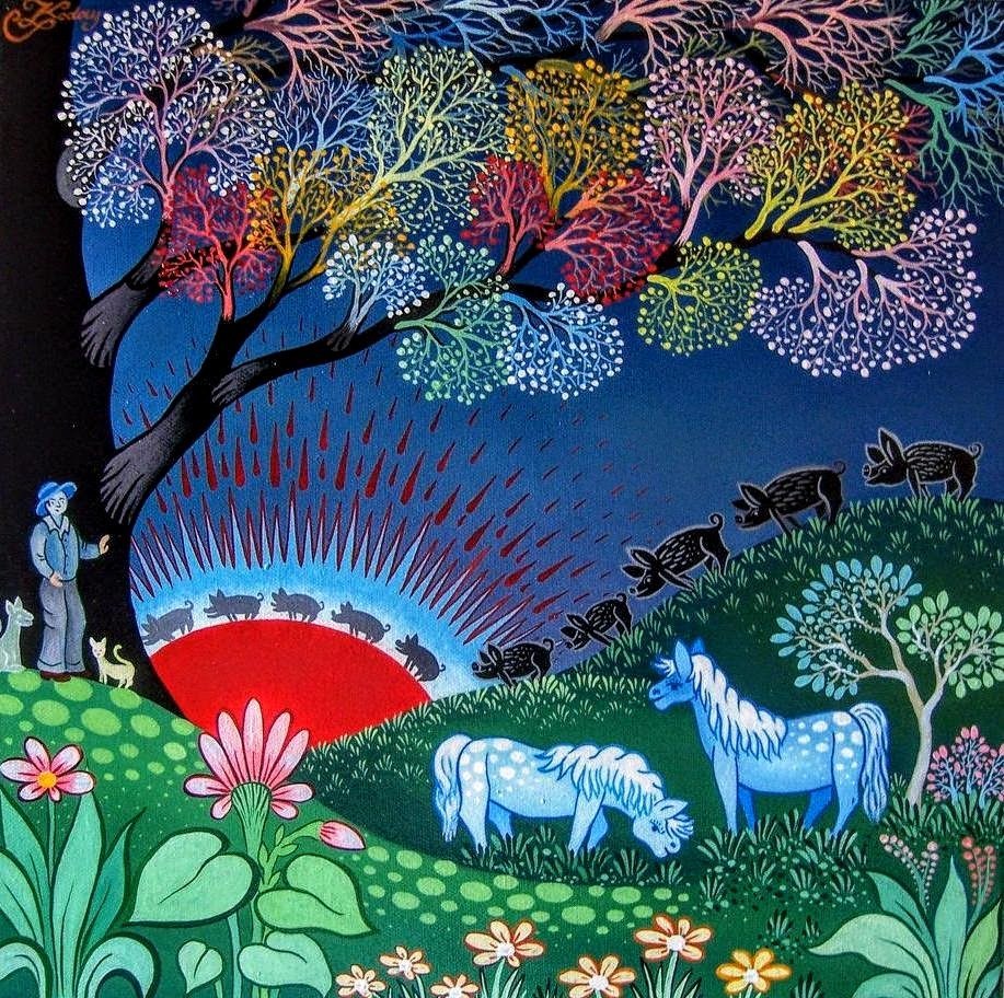 Naive art painting of white horse in garden with decorative dotted trees and colorful flowers against blue sky