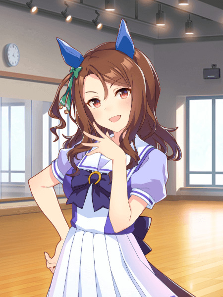 Anime girl King Halo from Umamusume with blue horse ears and purple-white outfit in a dance studio