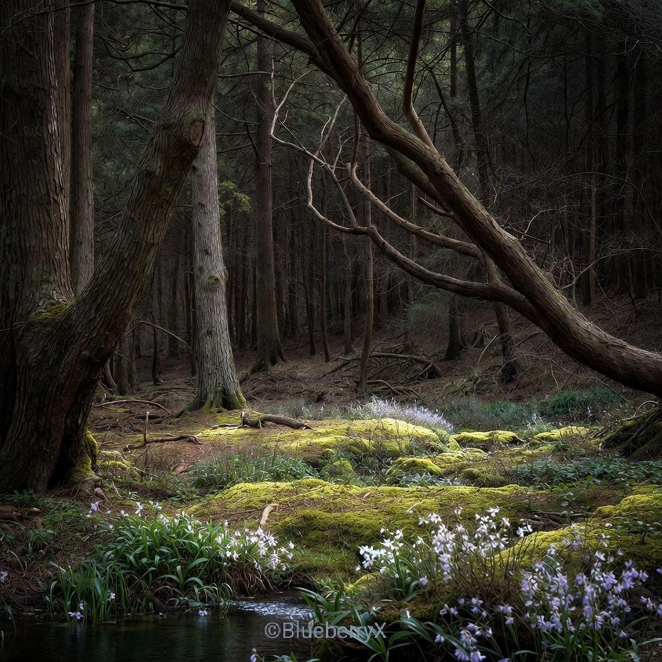Dark forest with moss-covered ground, white wildflowers, and tall trees with arching branches