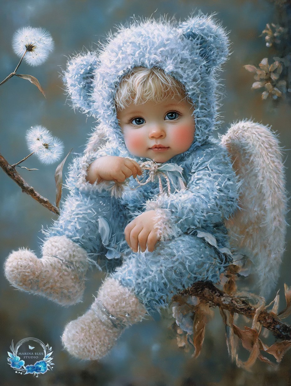 Illustration of a baby angel in a fluffy blue outfit sitting on a branch with white dandelions
