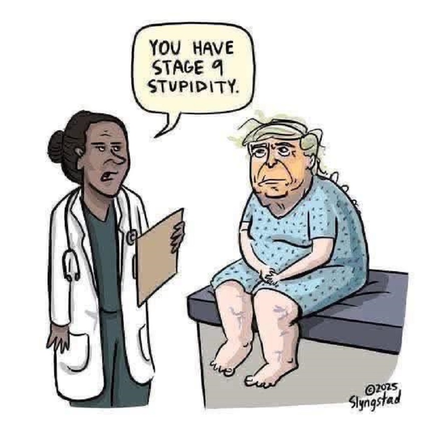 Cartoon doctor with clipboard telling patient on exam table 'You have stage 9 stupidity'