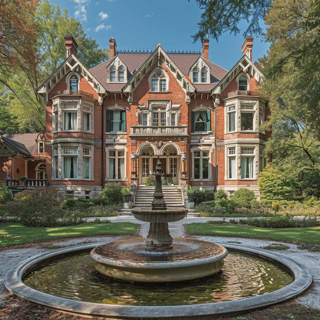 Grand Victorian red brick mansion with ornate gables and a circular stone fountain in a landscaped garden