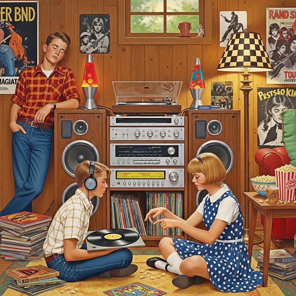 Three teens in a retro room with a stereo, vinyl records, posters, and lava lamps