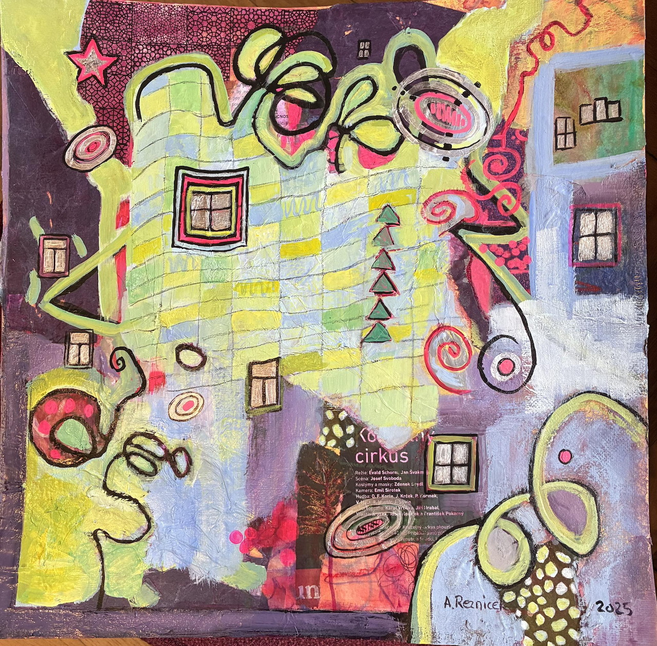 Abstract folk art painting with houses, checkered patterns, and colorful swirling decorative elements