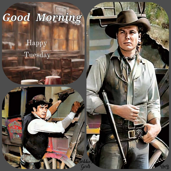 Square collage of painted cowboy scenes with a rustic Good Morning and Happy Tuesday message.