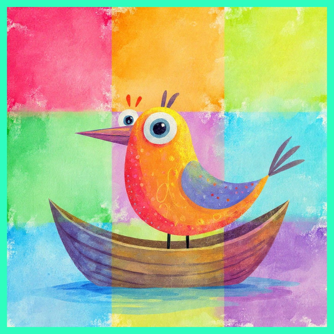 Colorful illustrated bird standing in a small wooden boat on water with a bright patchwork background