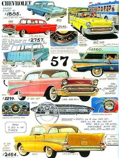 Vintage collage of illustrated 1957 Chevrolet cars in red, yellow, blue, pink, and gold
