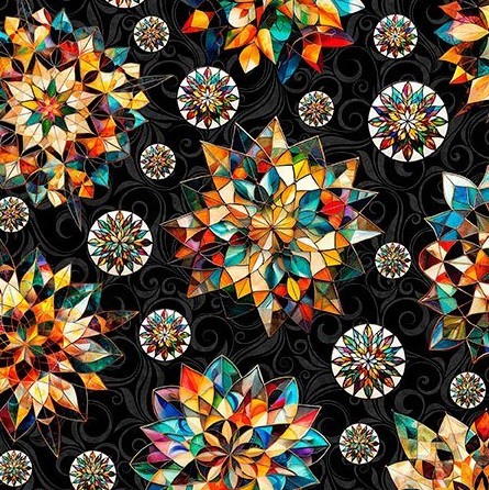 Colorful geometric kaleidoscope quilt pattern with starburst shapes on black