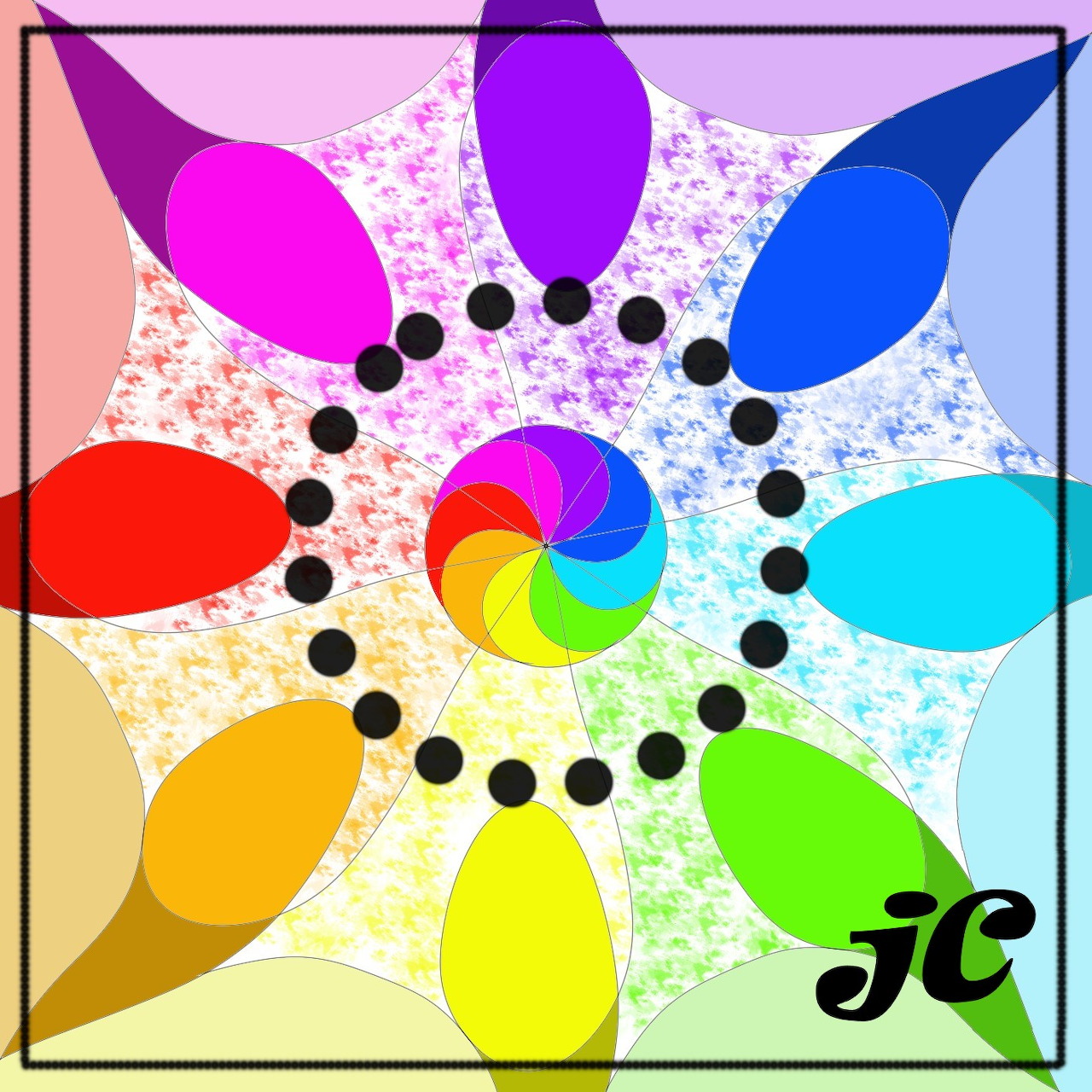 Abstract rainbow pinwheel with colorful elliptical petals radiating in a circle on speckled background