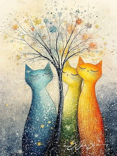 Three abstract cats in blue, yellow and orange with decorative tree on textured background