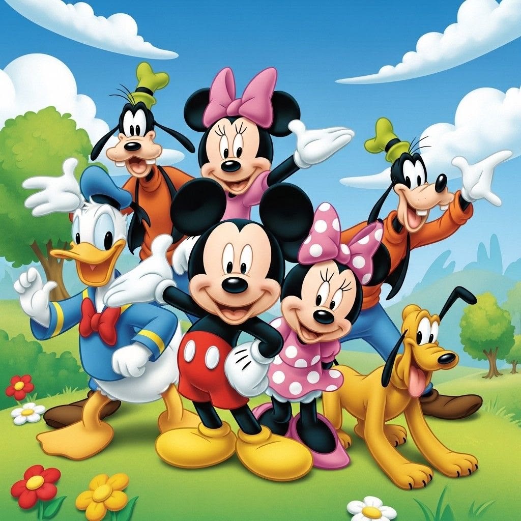 Mickey Mouse and Disney friends standing together in a cheerful outdoor setting with blue sky and flowers