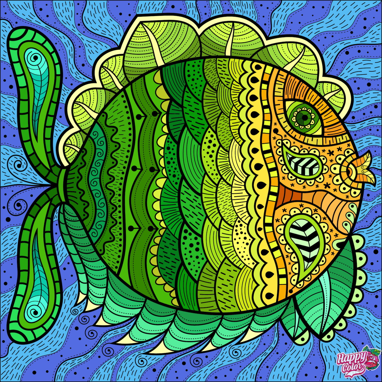 Decorative fish with ornate geometric patterns in green and yellow tones on blue swirled background