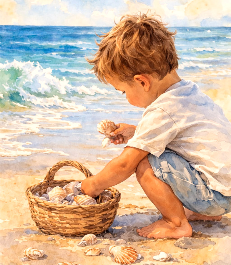 Watercolor painting of a young boy picking seashells from a basket on a sandy beach near the ocean