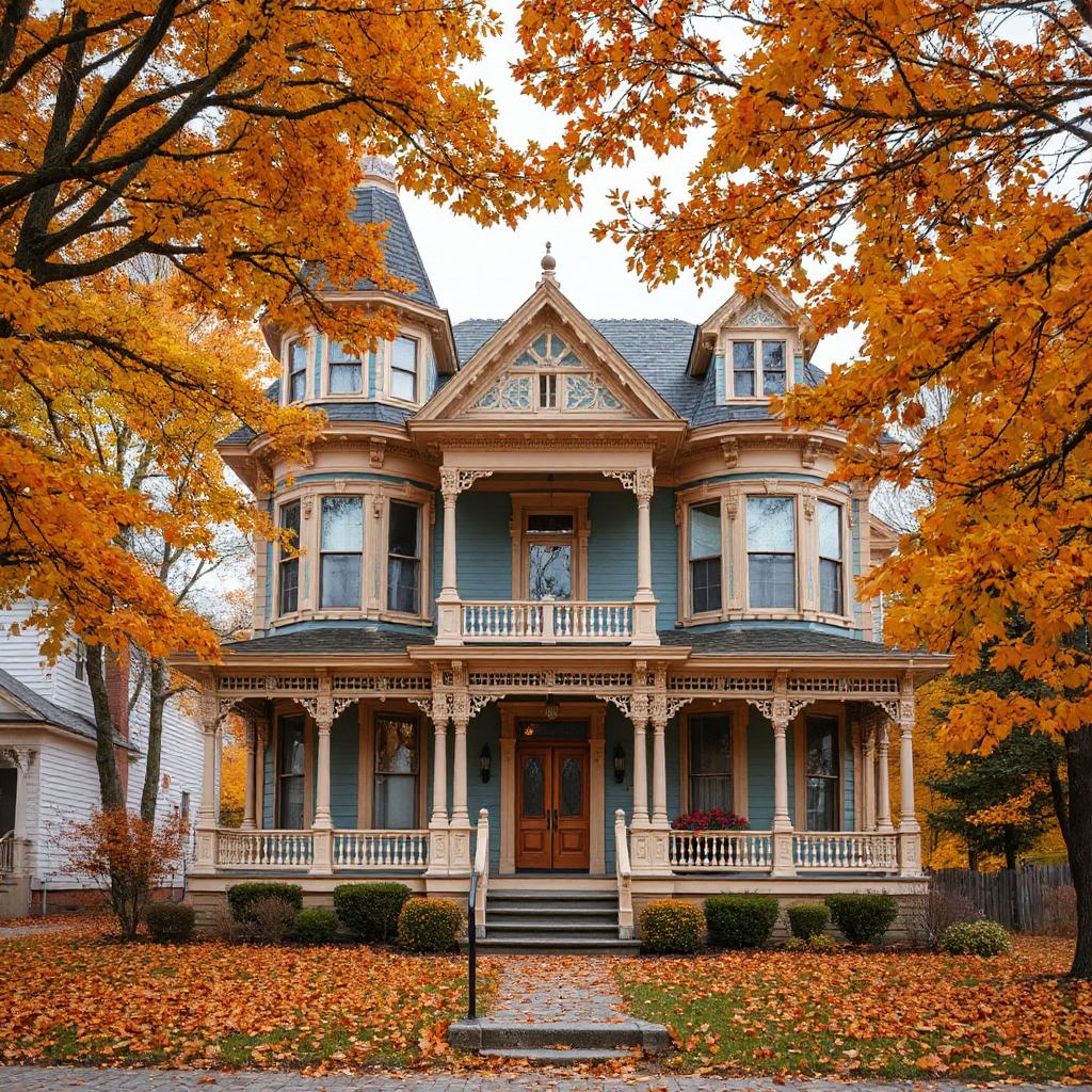 Victorian house with wraparound porch framed by orange autumn trees and fallen leaves