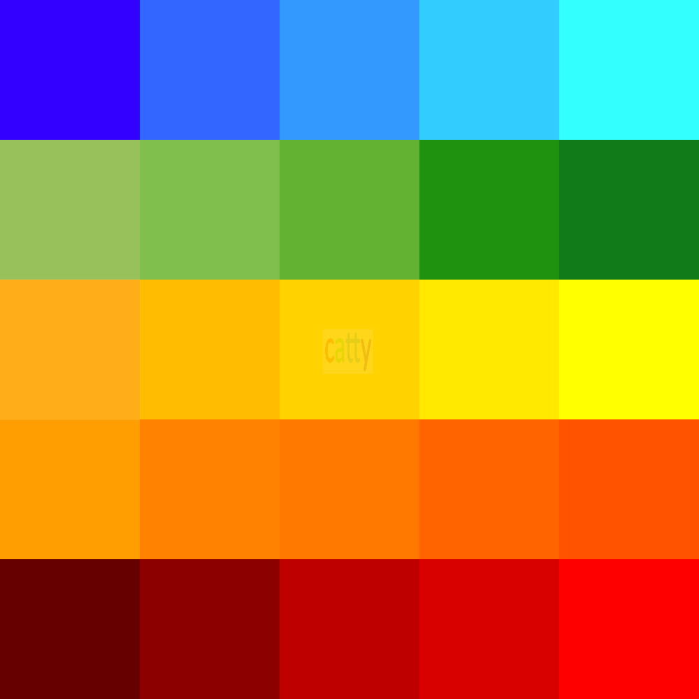 Grid of colorful squares arranged in horizontal rows showing spectrum from blue through green, yellow, orange to red