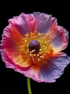 Close-up of a multicolored poppy flower with pink and purple petals and yellow stamen on black background