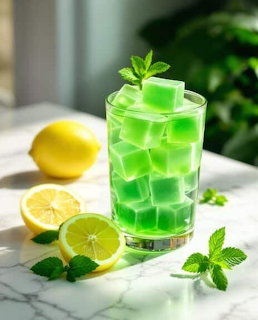 Tall glass of bright green layered drink garnished with mint, surrounded by lemon slices on marble countertop