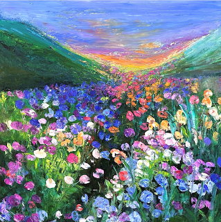 Colorful impressionist painting of wildflowers in a valley with green hills and sunset sky