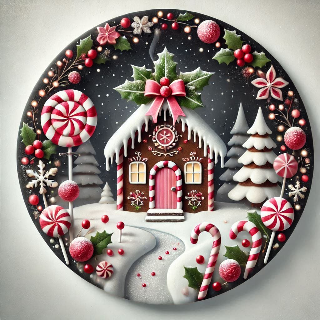 Gingerbread house with candy decorations, Christmas trees, and snowflakes in a circular winter scene