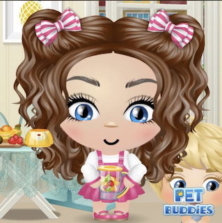 Cartoon girl with curly brown hair, pink bows, and a small fish bowl