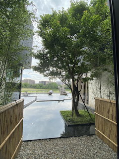 Garden with tree, bamboo fence, and reflecting pool at a modern museum in Taiwan