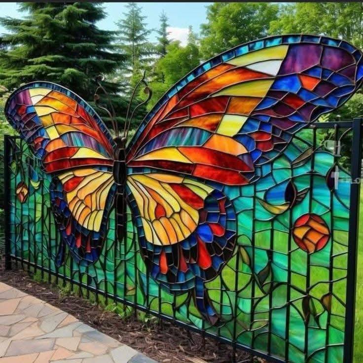 Colorful stained glass butterfly mounted on a black metal fence outdoors