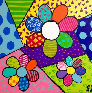 Pop art flowers with colorful patterned petals in bold stripes, dots and geometric shapes