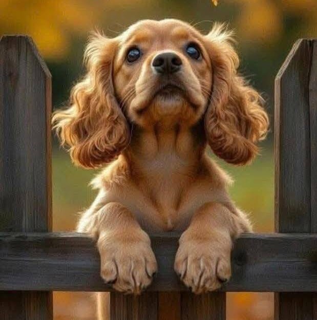 Golden cocker spaniel puppy with long ears resting paws on wooden fence looking up