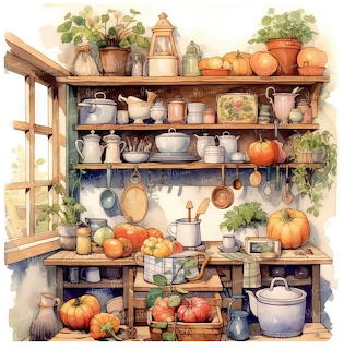 Rustic Kitchen Shelves Watercolor