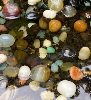 Assorted smooth colorful stones and pebbles in shallow water with reflections
