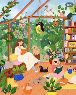 Illustration of a girl reading in a greenhouse-like room filled with plants, cats, and a bookshelf
