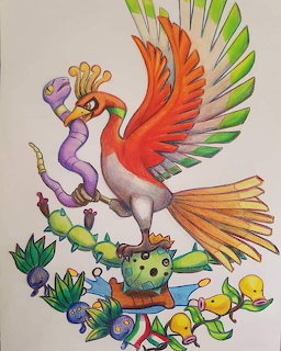 Colorful illustration of Mexican coat of arms with eagle, serpent, and cactus