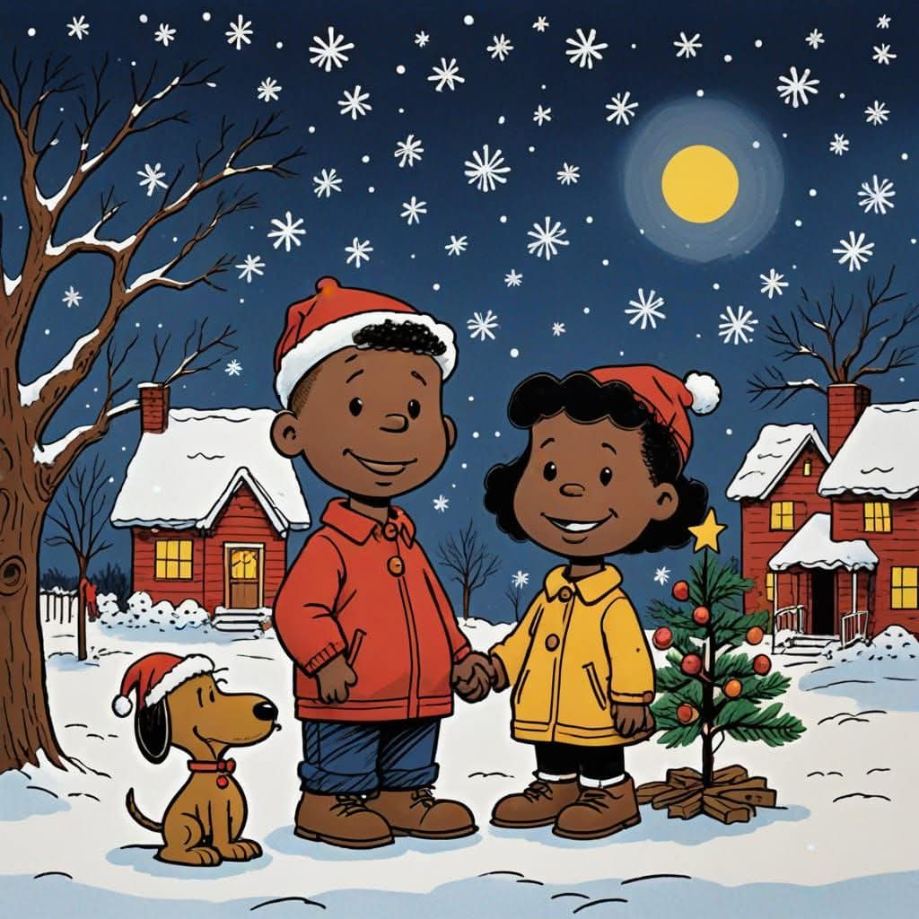 Two children and a dog in a snowy Christmas village at night with decorated tree and houses