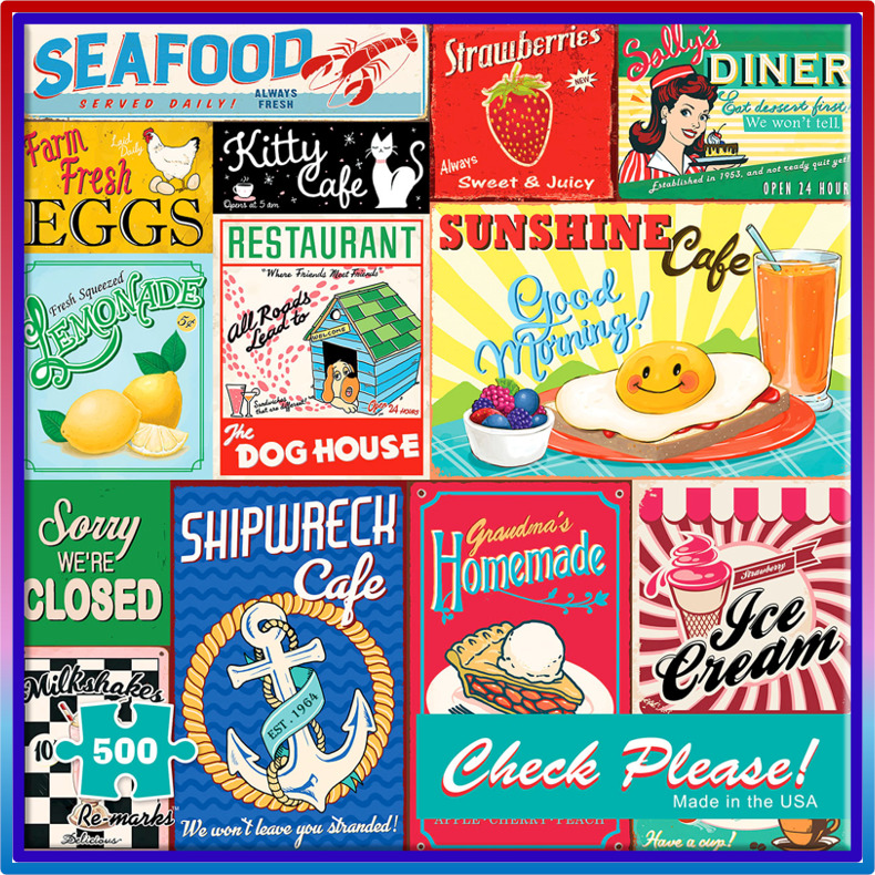 Grid of vintage-style food and diner advertising signs in bright colors