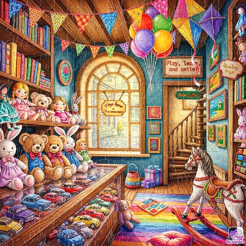 Colorful toy shop interior filled with teddy bears, dolls, toy cars, balloons, and a rocking horse