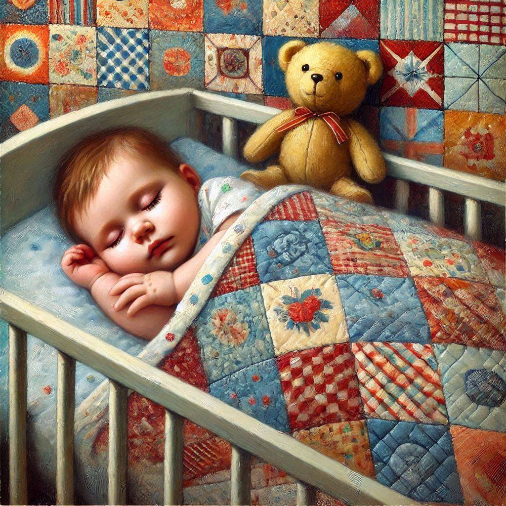 Sleeping baby in a crib under a patchwork quilt with a teddy bear beside them