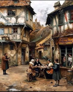 Painting of a medieval village street with half-timbered buildings and villagers sitting at an outdoor table