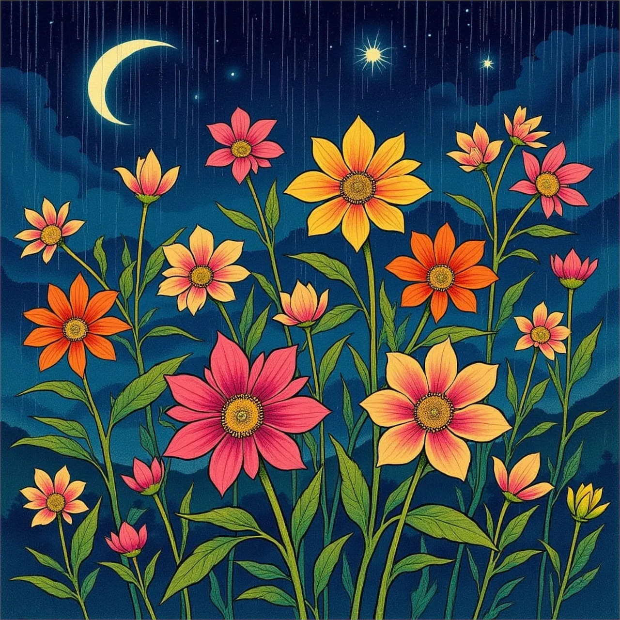 Vibrant flowers in yellow, orange, and pink blooming under a crescent moon and stars on a blue night background