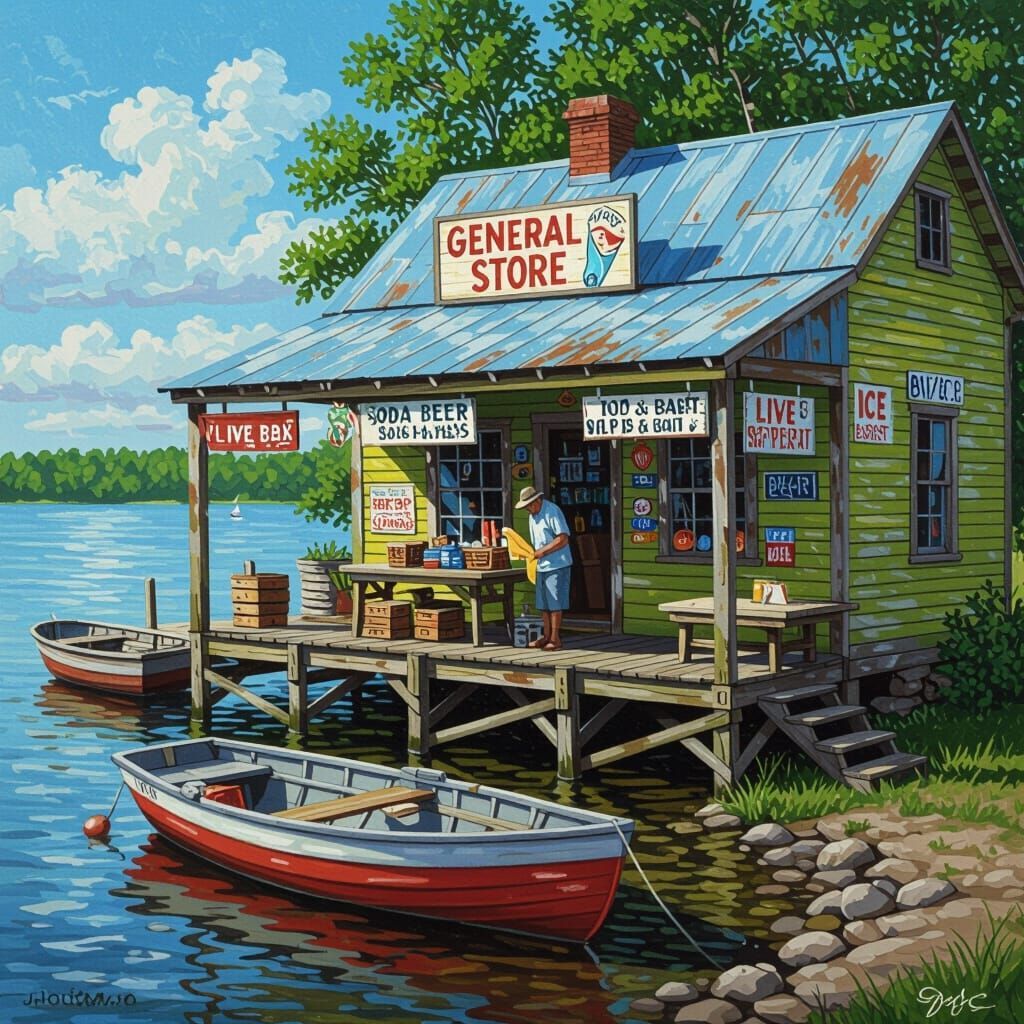 Rustic general store on wooden dock by lake with boats and summer foliage