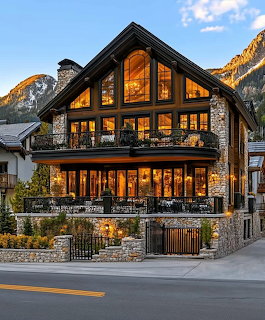 Stone and timber mountain lodge with glowing windows at dusk with mountains in background