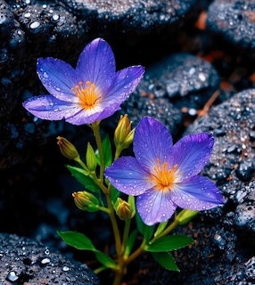 Two purple crocus flowers with dew drops growing between dark wet rocks