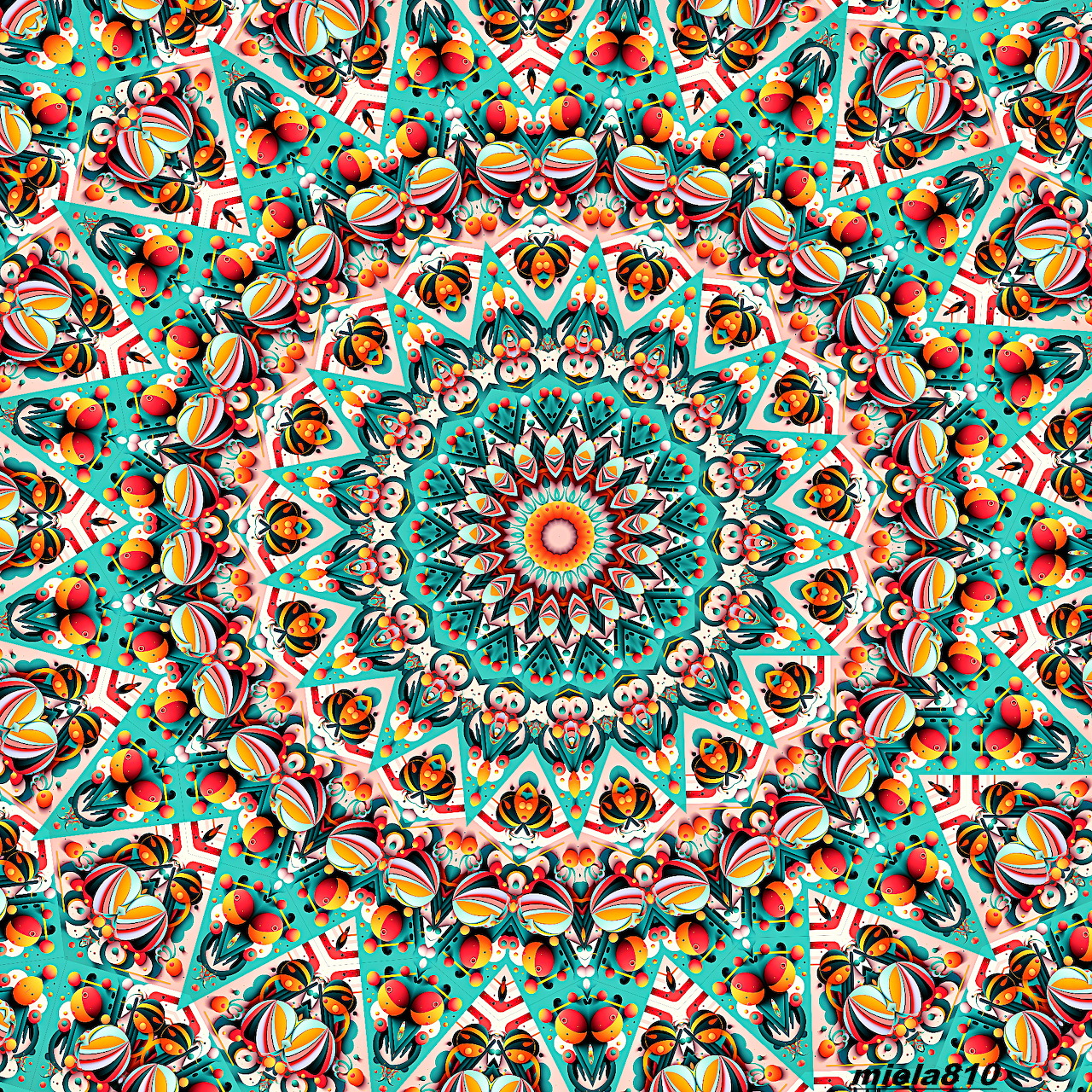 Symmetrical mandala with intricate floral patterns in turquoise, red, orange and cream colors