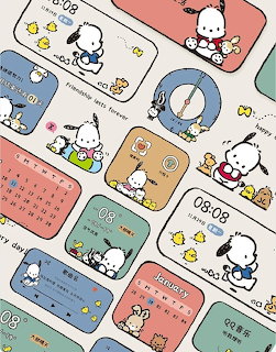 Pastel collage of Pochacco cartoon cards with ducks, dates, and small character illustrations