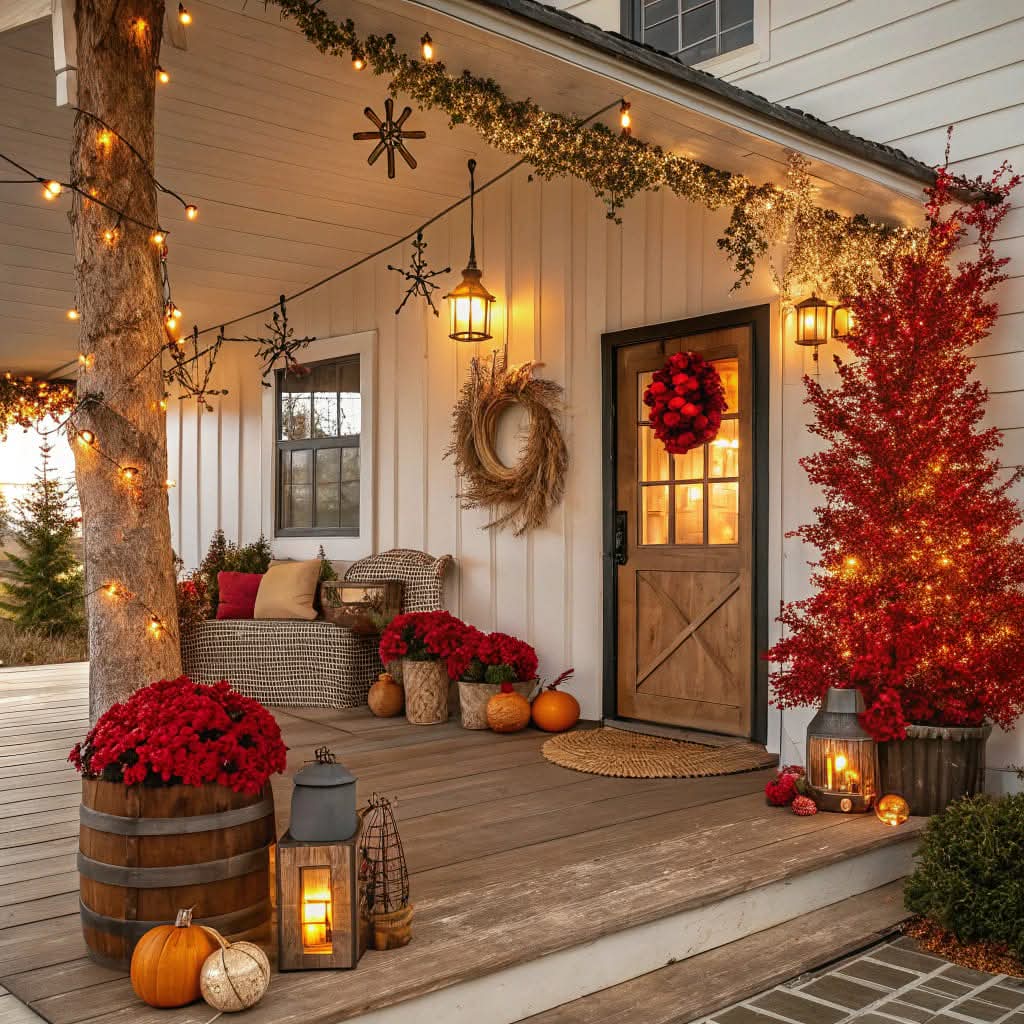 Decorated front porch with Christmas lights, wreath, poinsettias, red tree, and pumpkins on wooden deck