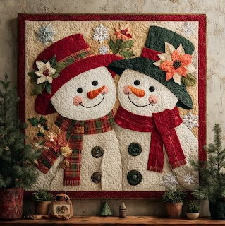 Handmade quilt wall hanging with two snowmen wearing hats and scarves, decorated with poinsettias