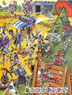Busy Fortnite battle illustration showing characters, vehicles, tents and structures on colorful terrain