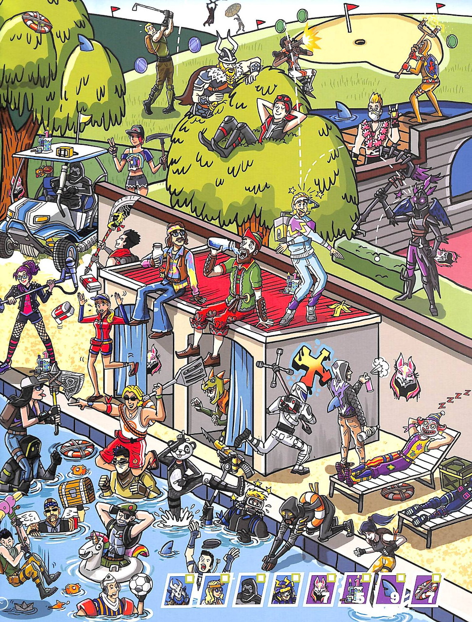 Overhead illustration of Fortnite characters engaged in combat across a detailed game map with buildings and terrain