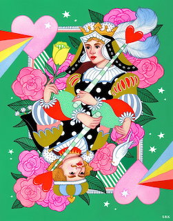 Colorful illustration of playing card king and queen characters surrounded by hearts, roses, and rainbow stripes