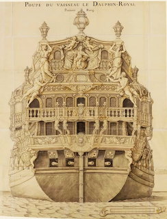 Antique architectural drawing of the ornate stern of the French ship Le Dauphin Royal with baroque decorations